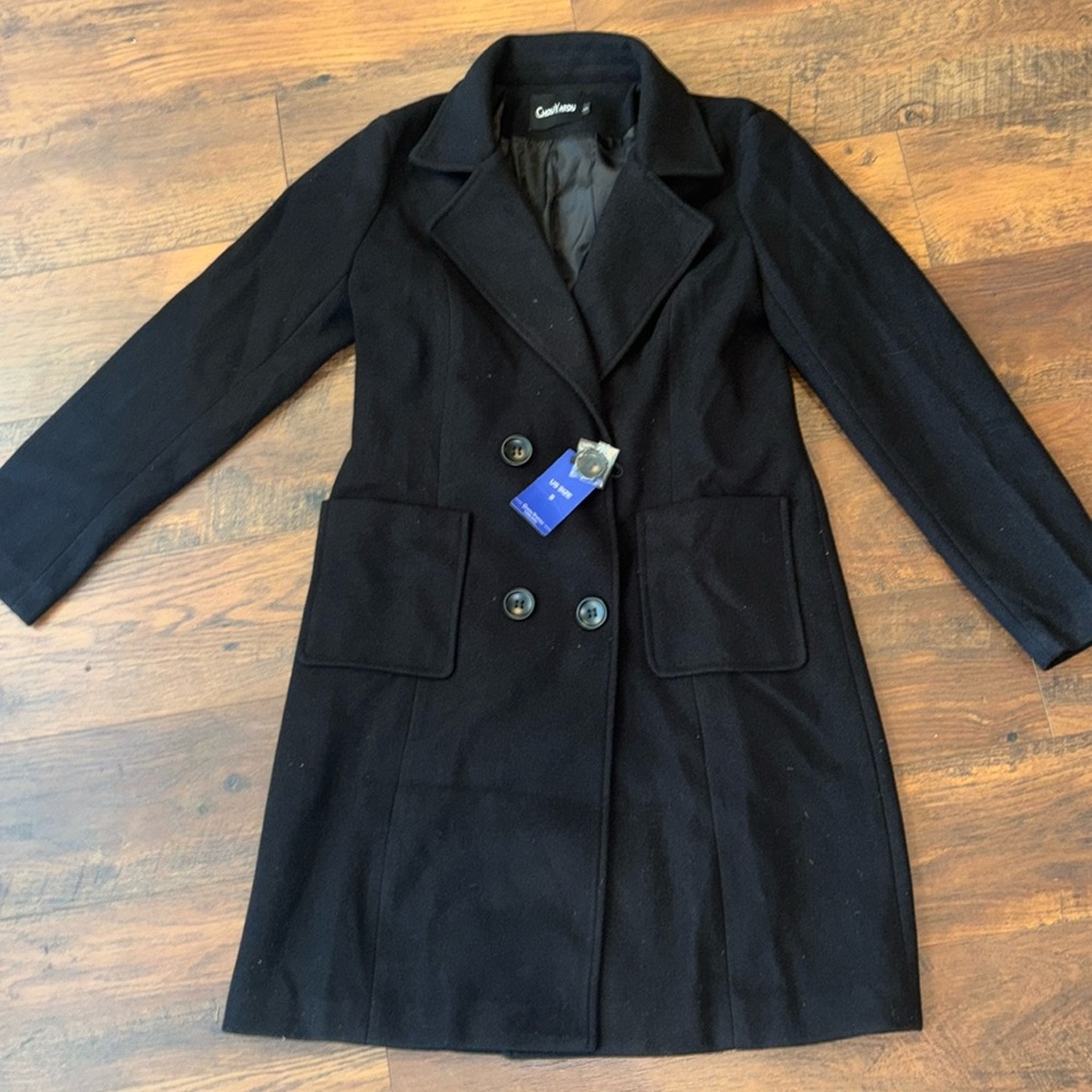 NWT Chou Yatou Classic Notched Collar Double Breasted Wool Blend Pea Coat, Small